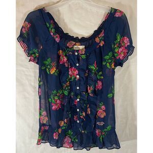 Hollister Navy Floral Sheer Ruffle Blouse Button Front‎ Short Sleeve Top Size S